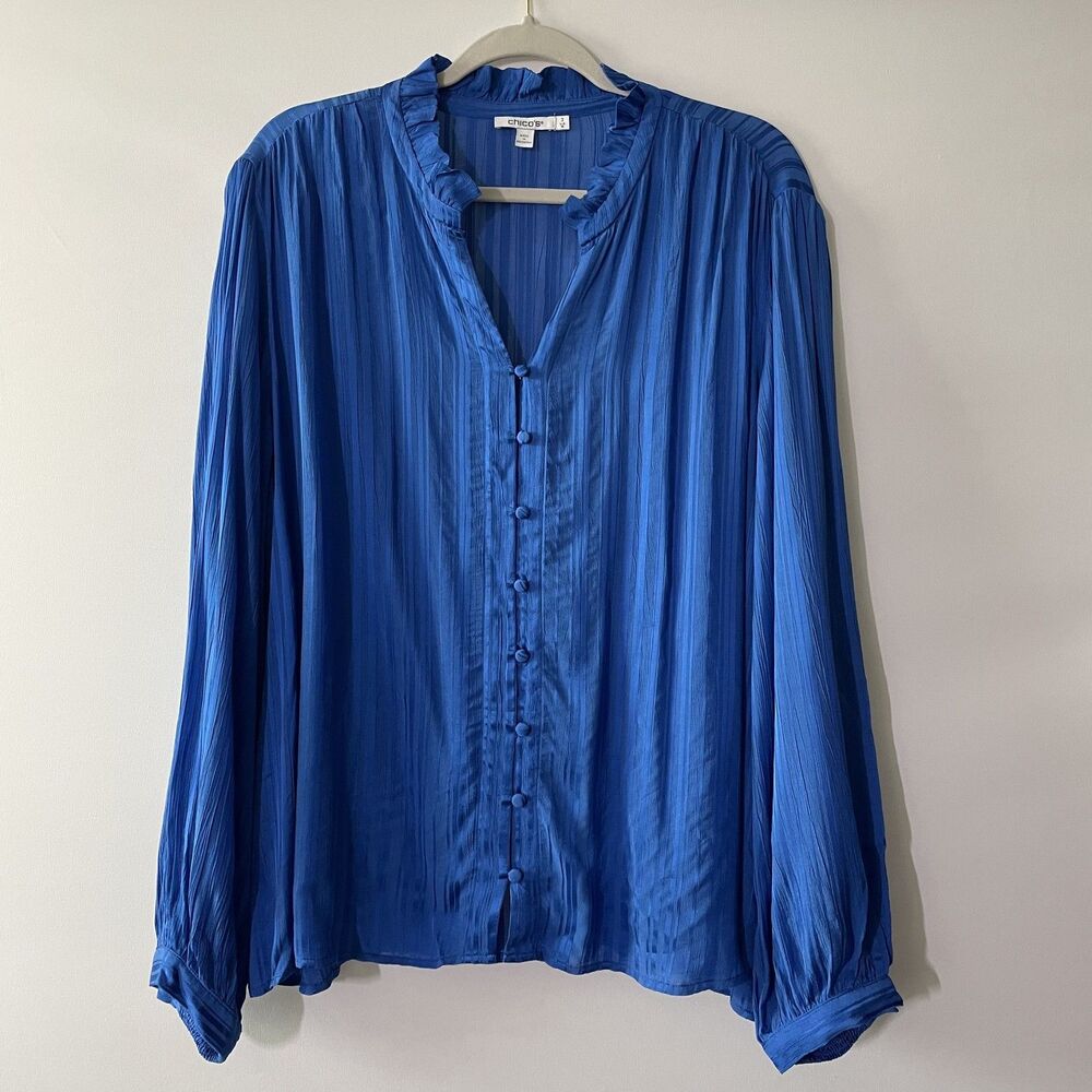 Chico's Blue Ruffle Neck Button Front Long Sleeve Blouse Size 3, US16